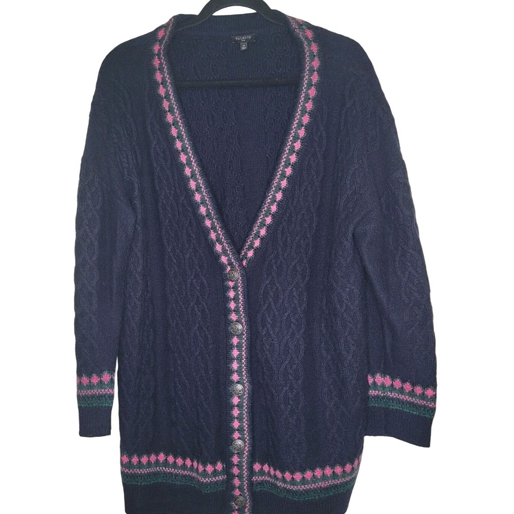 Talbots Navy Pink Green Cable-Knit Cardigan Sweater Button Front Plus 1X Women
